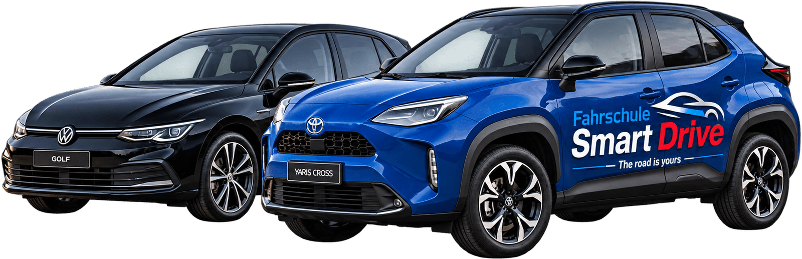 Zwei Schulwagen der Fahrschule Smart Drive: ein schwarzer Schaltwagen und ein blauer Automatik-SUV mit Beschriftung